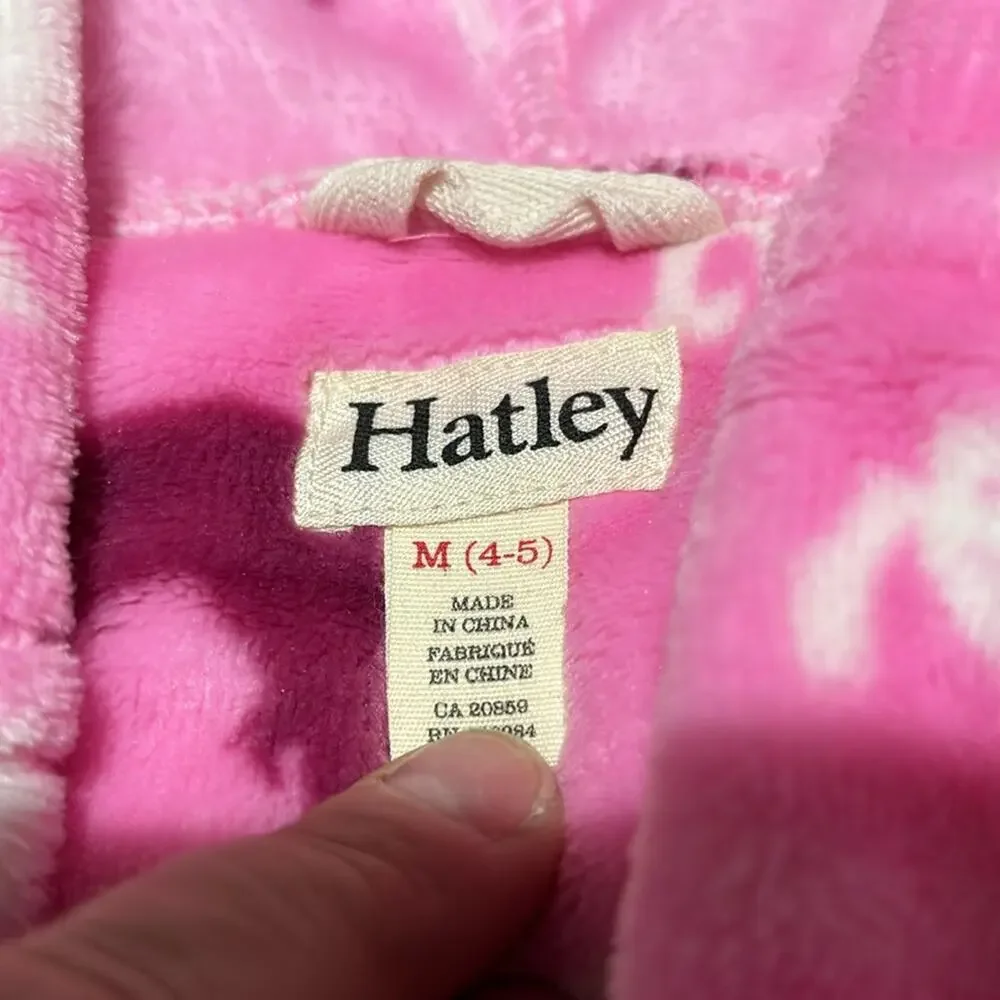 Hatley 4/5 hooded thick pink robe horse print white burgundy pockets euc